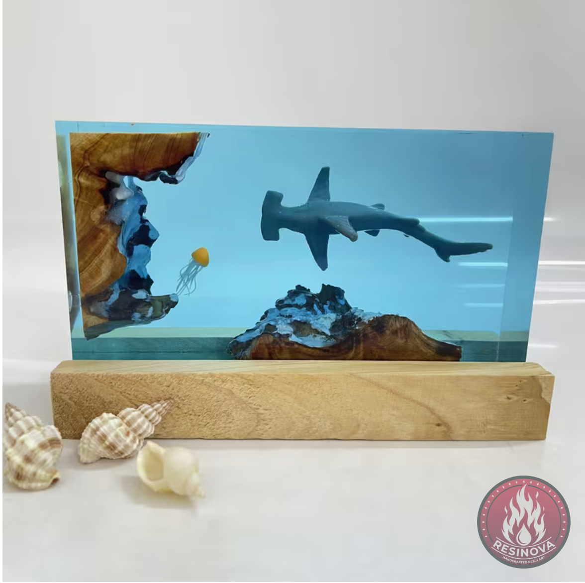 Hammerhead Shark and Jellyfish Resin Lamp