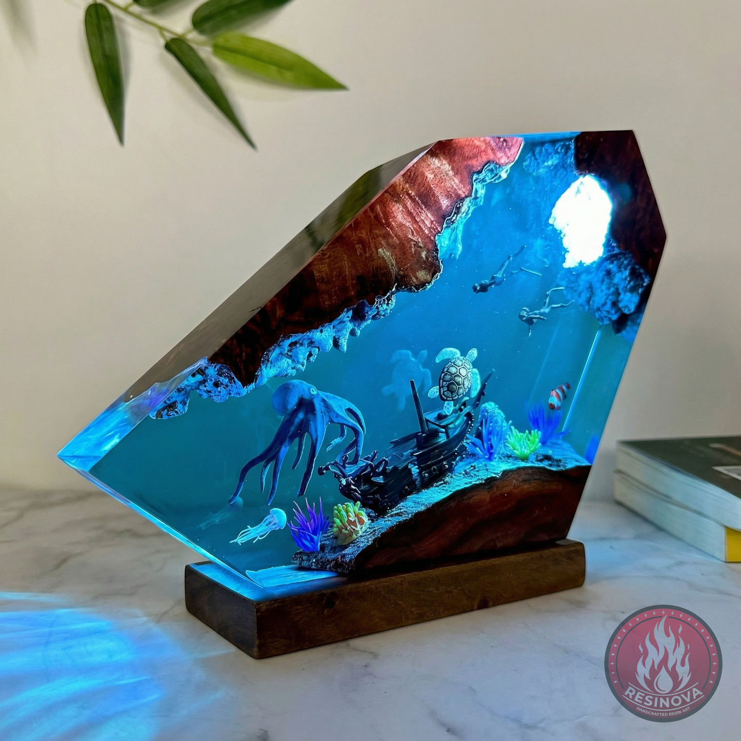 Large Octopus, Turtle and Divers Resin Lamp