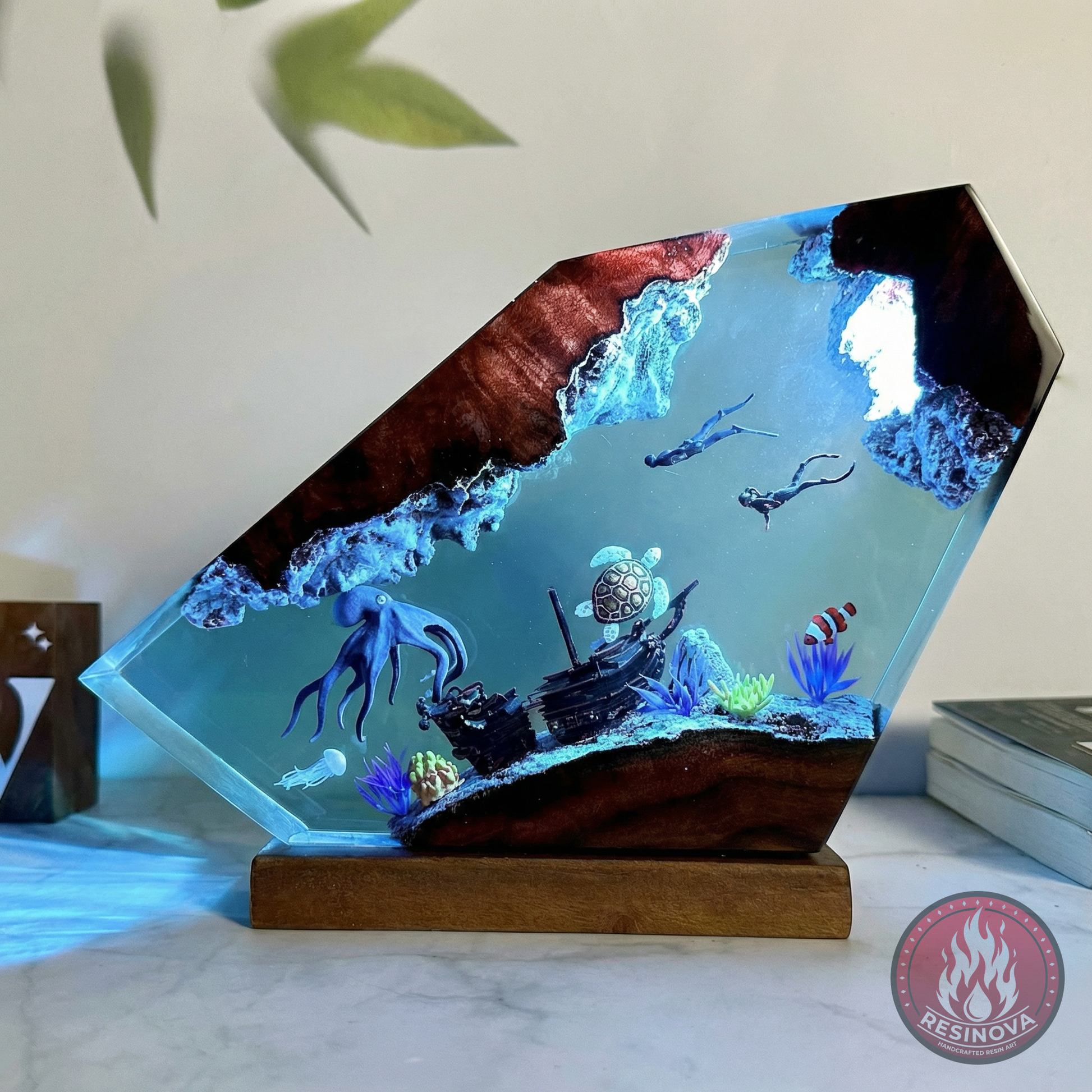 Large Octopus, Turtle and Divers Resin Lamp