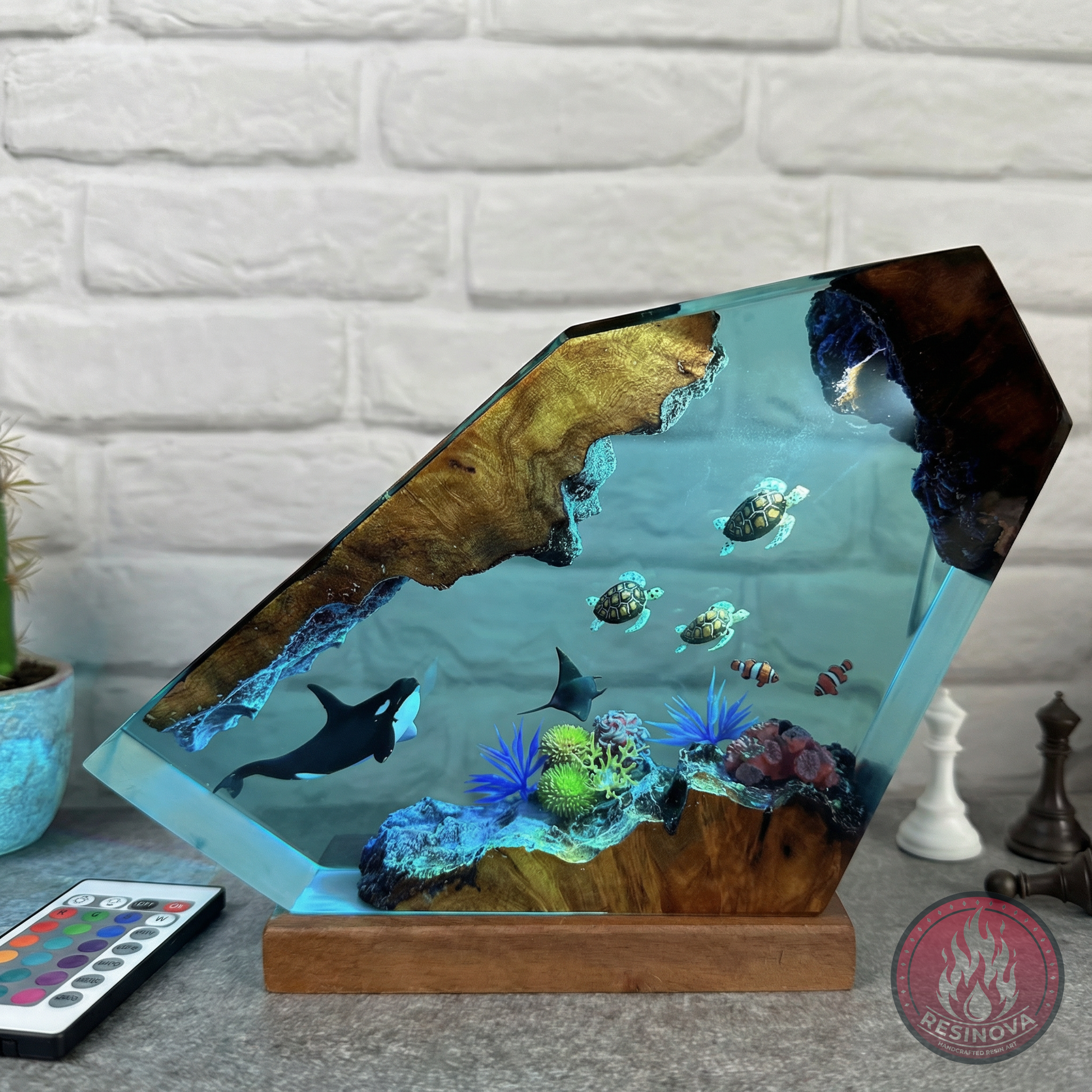 Orca, Turtle, Fish and Mantra Resin Lamp