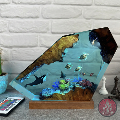 Orca, Turtle, Fish and Mantra Resin Lamp
