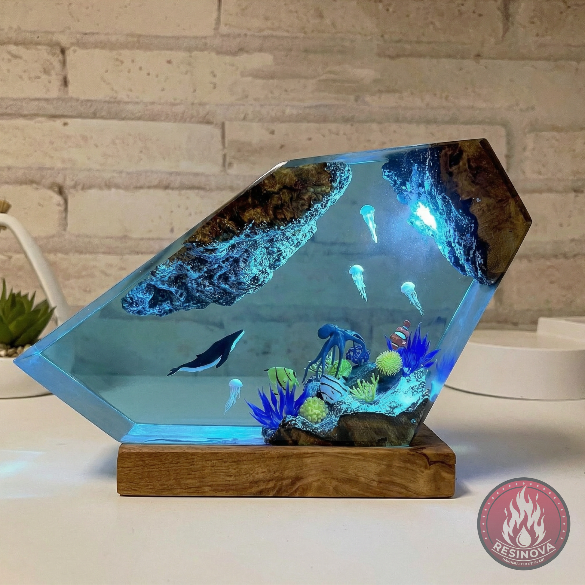 Whale and Jelly Fish Resin Lamp
