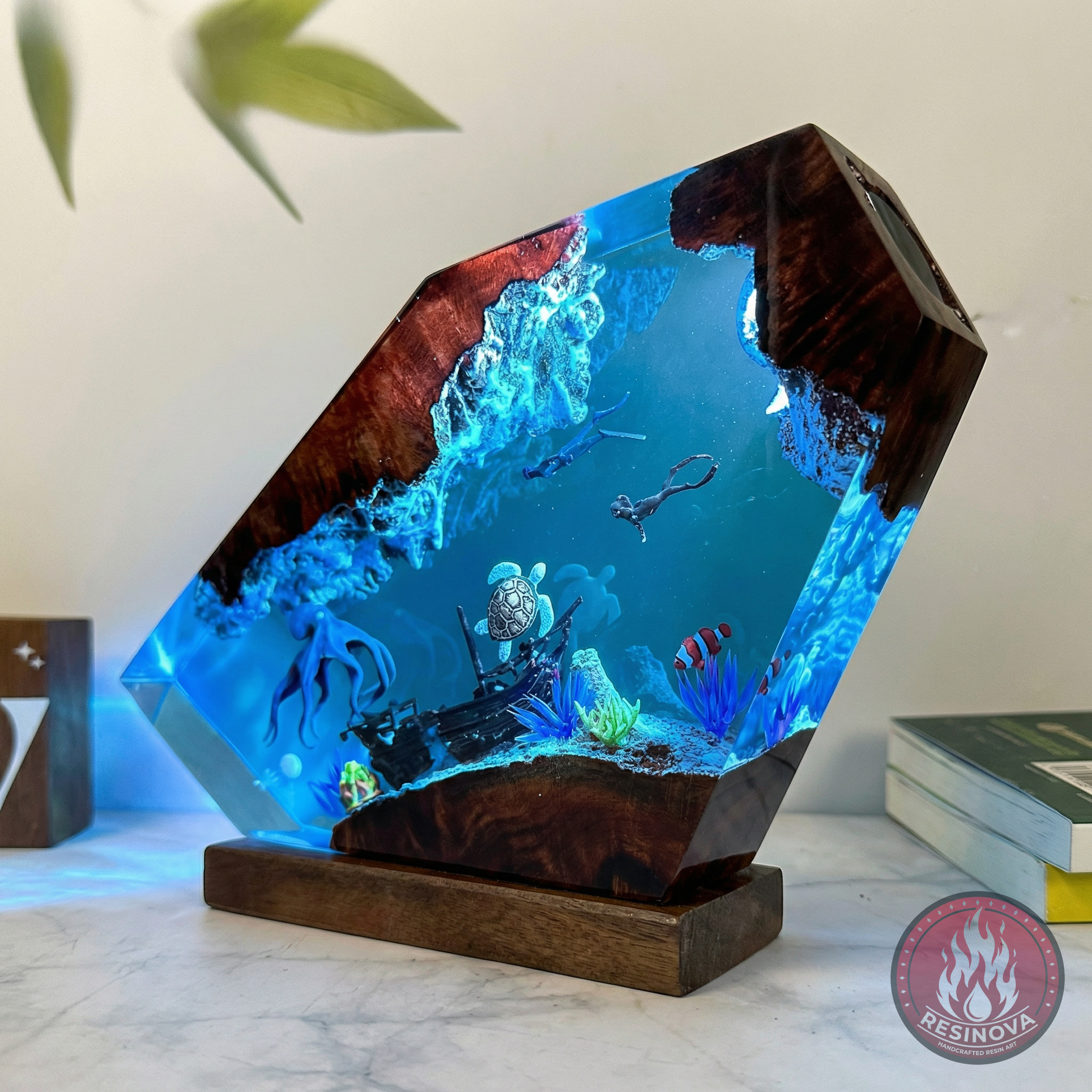 Large Octopus, Turtle and Divers Resin Lamp