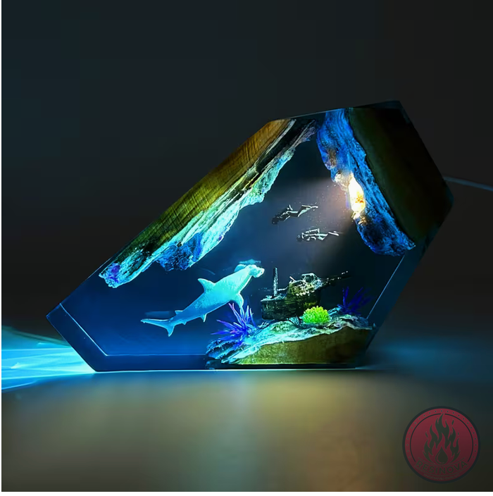 Hammerhead Shark and Divers Resin Lamp
