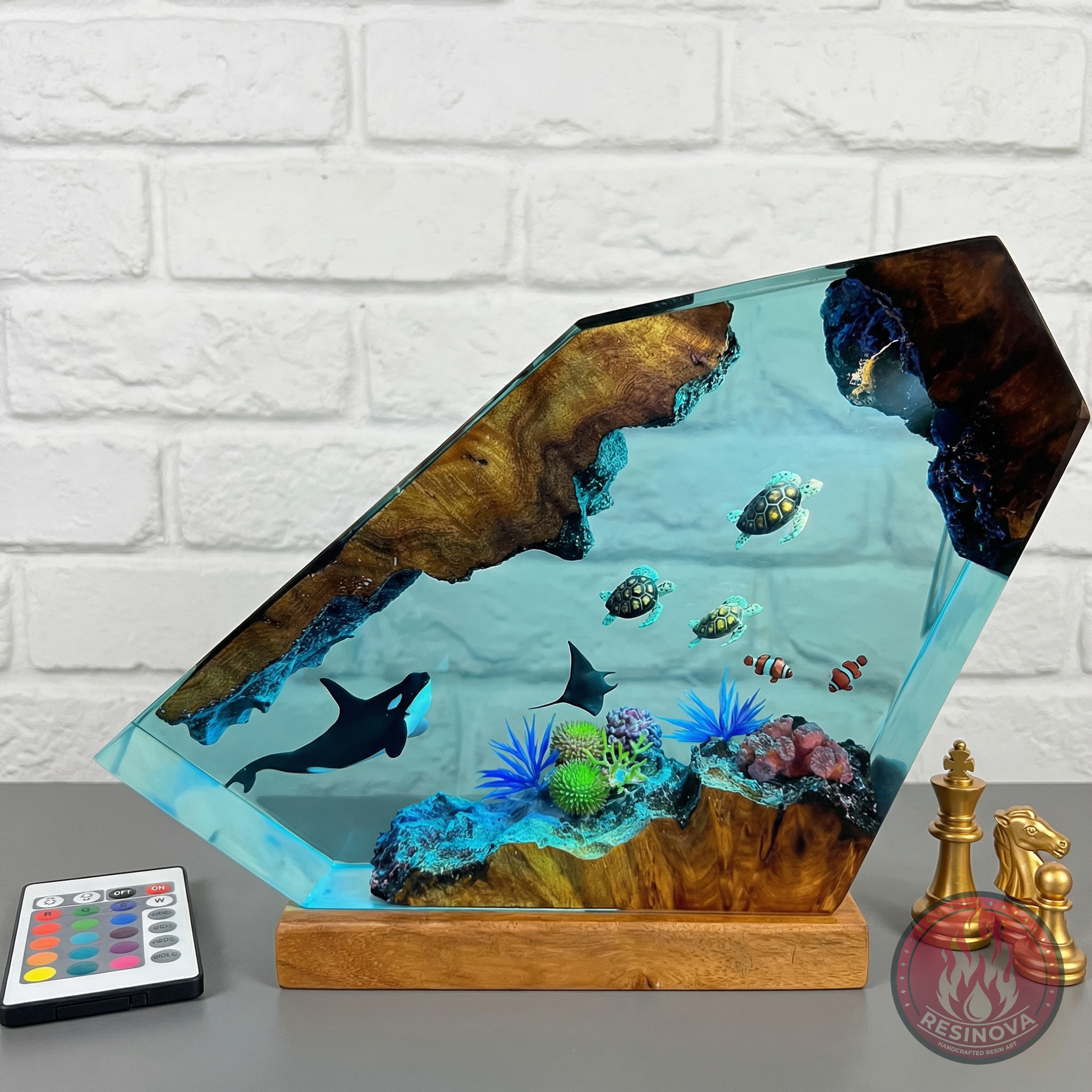 Orca, Turtle, Fish and Mantra Resin Lamp